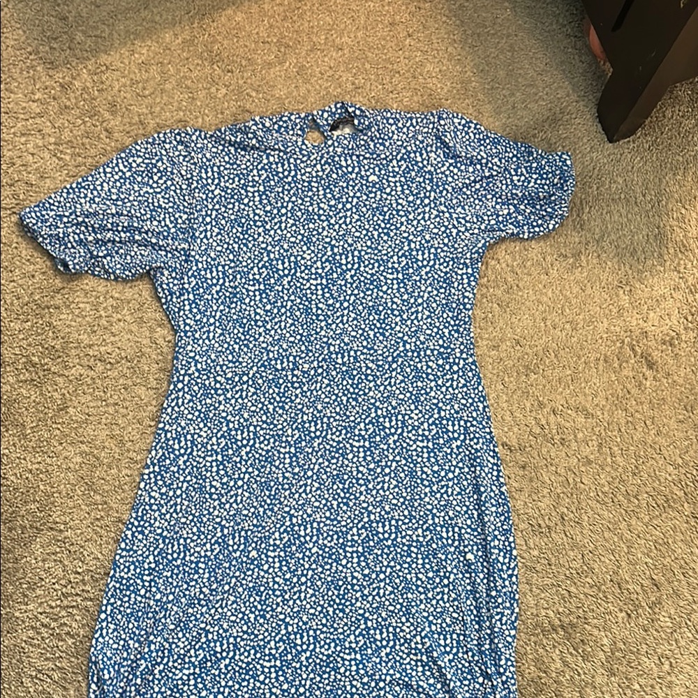 Blue and White Sheath Dress with Dolman Sleeves
